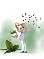 Image girl holding book, butterfiles flying out, links to Books page